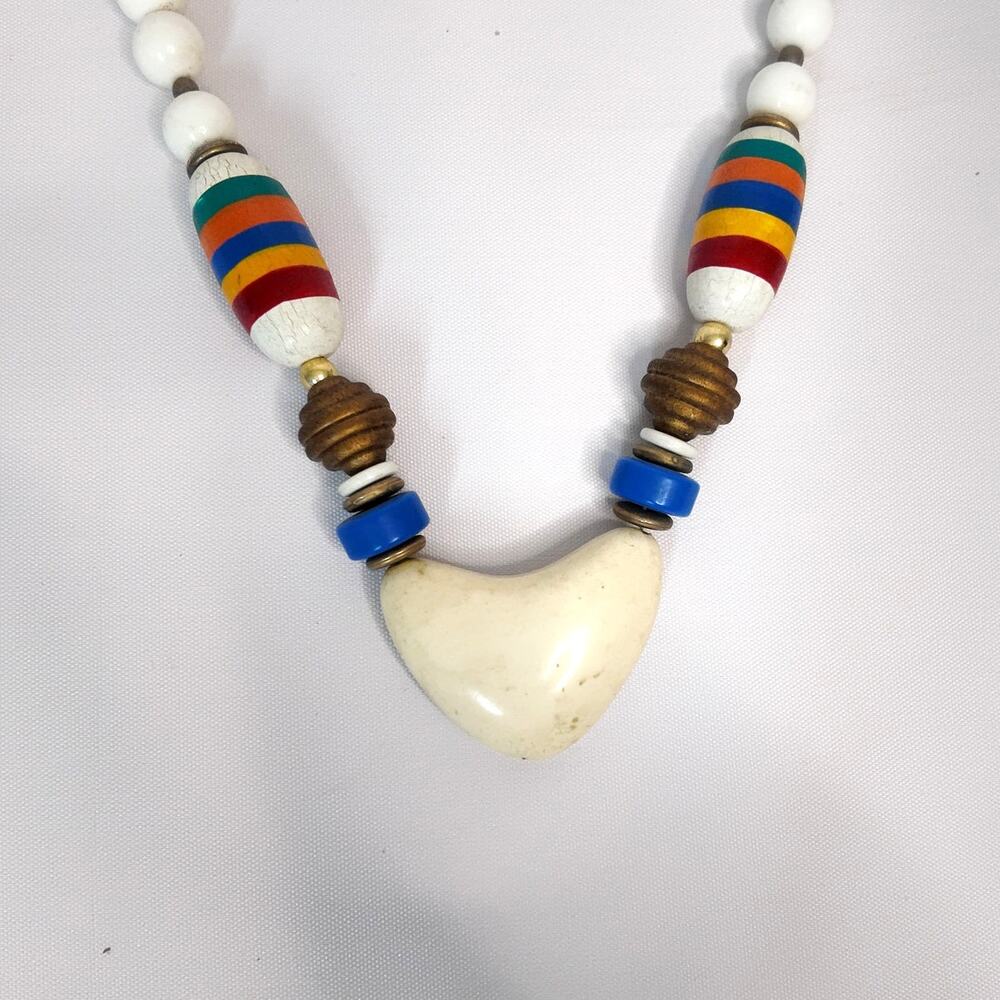 Vintage Native American Inspired Hand Painted Wood Beads With Heart Pendant. - Picture 2 of 8